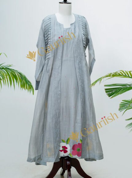 Grey Chanderi Hand Embroidered Jacket Dress
