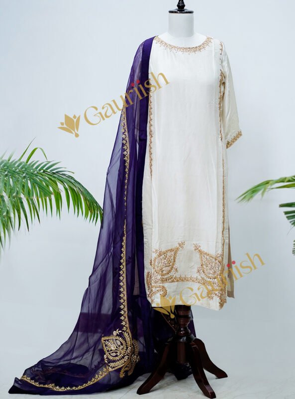 Cream Silk Suit with Organza Dupatta