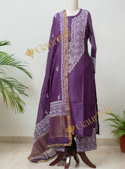 Chanderi Suit Set With Lucknowi Work