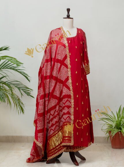 Red Chanderi Suit Set with Heavy Sleeve Gota Work