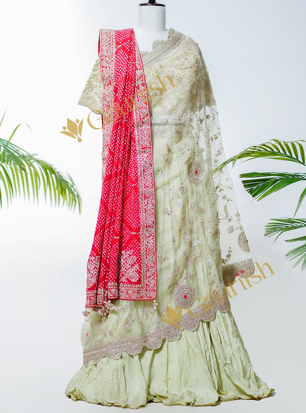 Olive Green Lehenga with Dupatta Adorned in Gota Olive Green Lehenga with Dupatta Adorned in Gota