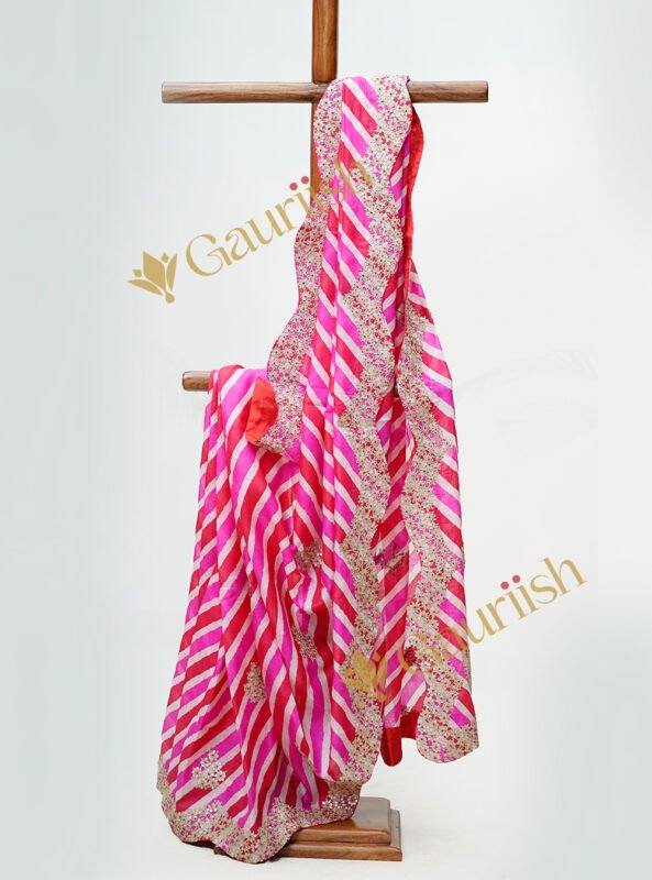 Pink Leheriya Saree with Exquisite Hand Embroidery