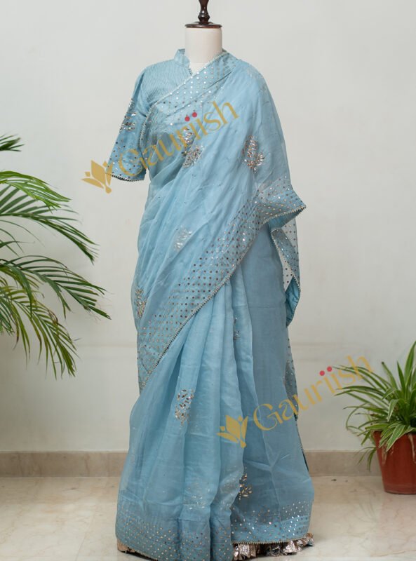 Mukaish Work Saree with Crushed Silk Petticoat