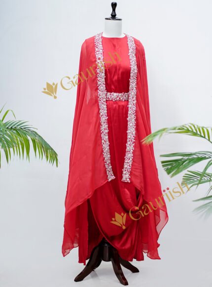 Silky Red Organza Cape Dress with Marodi and Tikki Marodi Work